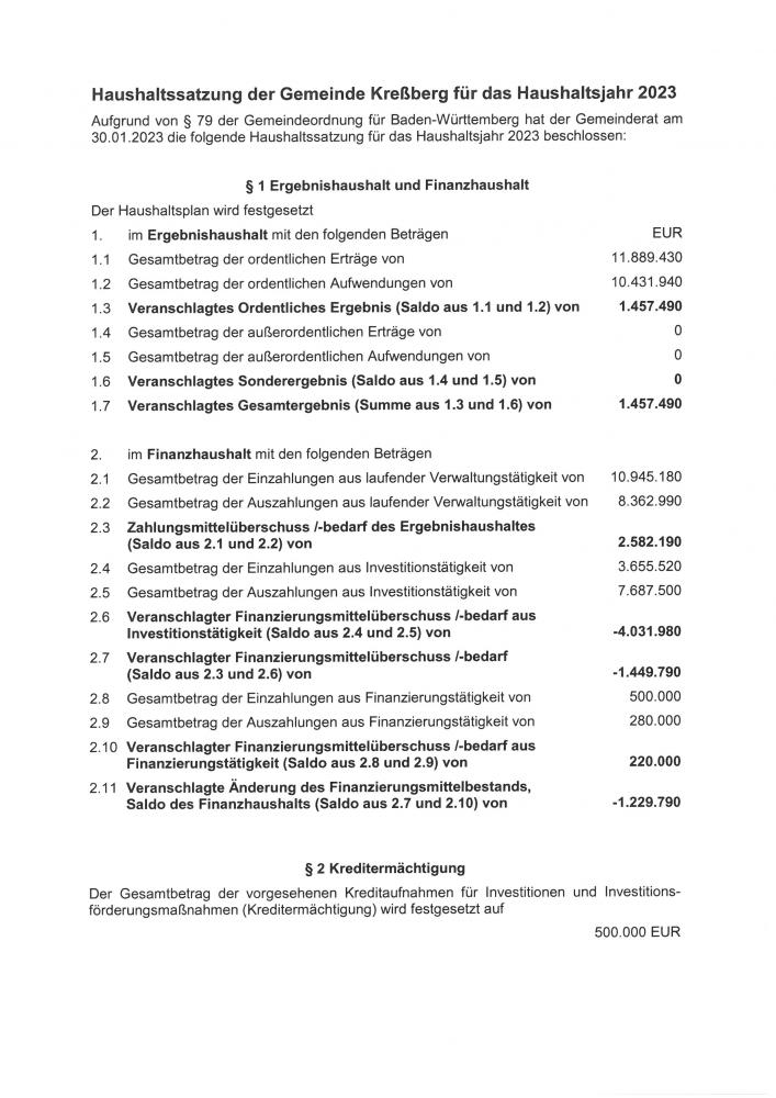 Haushaltssatzung der Gemeinde Kreßberg für das Haushaltsjahr 2023 Haushaltssatzung der Gemeinde Kreßberg für das Haushaltsjahr 2023