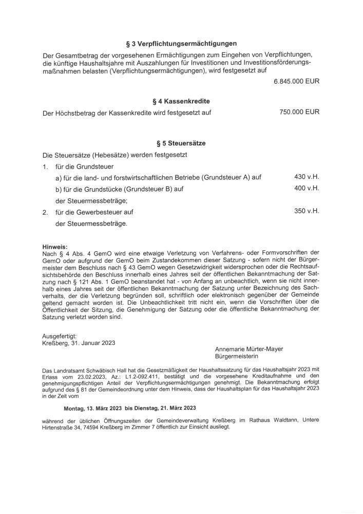 Haushaltssatzung der Gemeinde Kreßberg für das Haushaltsjahr 2023 Haushaltssatzung der Gemeinde Kreßberg für das Haushaltsjahr 2023