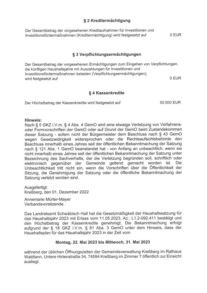 Bekanntmachung der Haushaltssatzung des Zweckverbands Gewerbepark Kreßberg - Fichtenau für das Haushaltsjahr 2023 Bekanntmachung der Haushaltssatzung des Zweckverbands Gewerbepark Kreßberg - Fichtenau für das Haushaltsjahr 2023