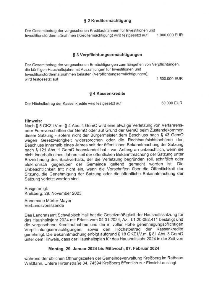 Bekanntmachung der Haushaltssatzung des Zweckverbands Gewerbepark Kreßberg - Fichtenau für das Haushaltsjahr 2024 Bekanntmachung der Haushaltssatzung des Zweckverbands Gewerbepark Kreßberg - Fichtenau für das Haushaltsjahr 2024