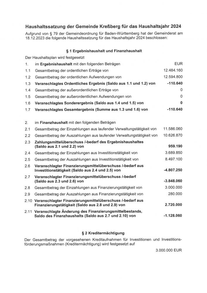 Haushaltssatzung der Gemeinde Kreßberg für das Haushaltsjahr 2024 Haushaltssatzung der Gemeinde Kreßberg für das Haushaltsjahr 2024