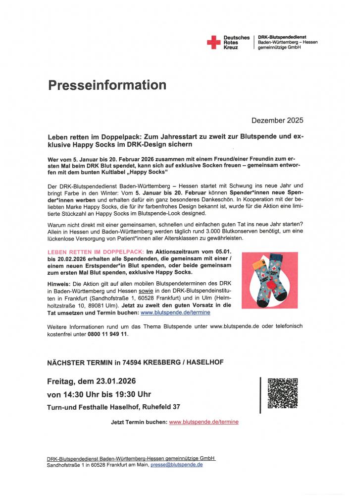 Leben retten im Doppelpack: Zum Jahresstart zu zweit zur Blutspende und exklusive Happy Socks im DRK-Design sichern